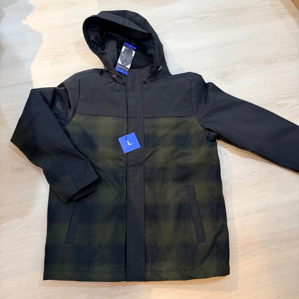Pendleton Men's Softshell Wool Blend Jacket Black Brown Plaid Hooded L M